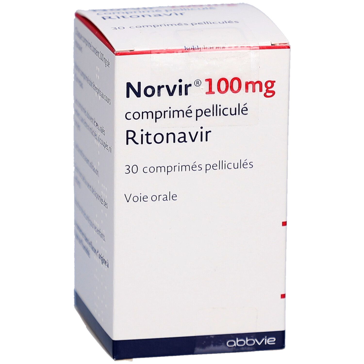 Weiße Faltschachtel mit roter Schrift: Norvir 100 mg, comprimé pelliculé, Ritonavir. 30 Tabletten. AbbVie Logo.