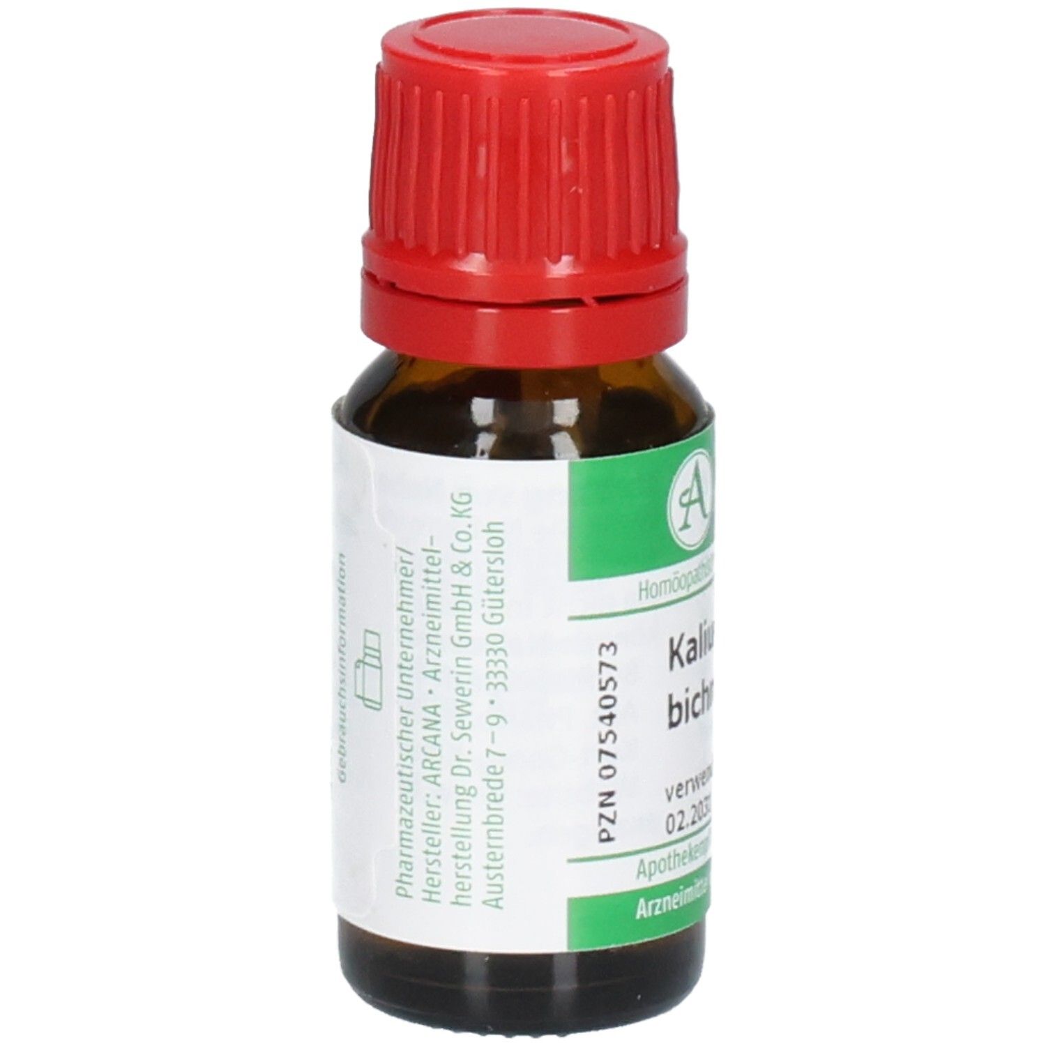 Rückseite der ARCANA Kalium bichromicum LM VI Tropfenflasche mit Herstellerangaben.