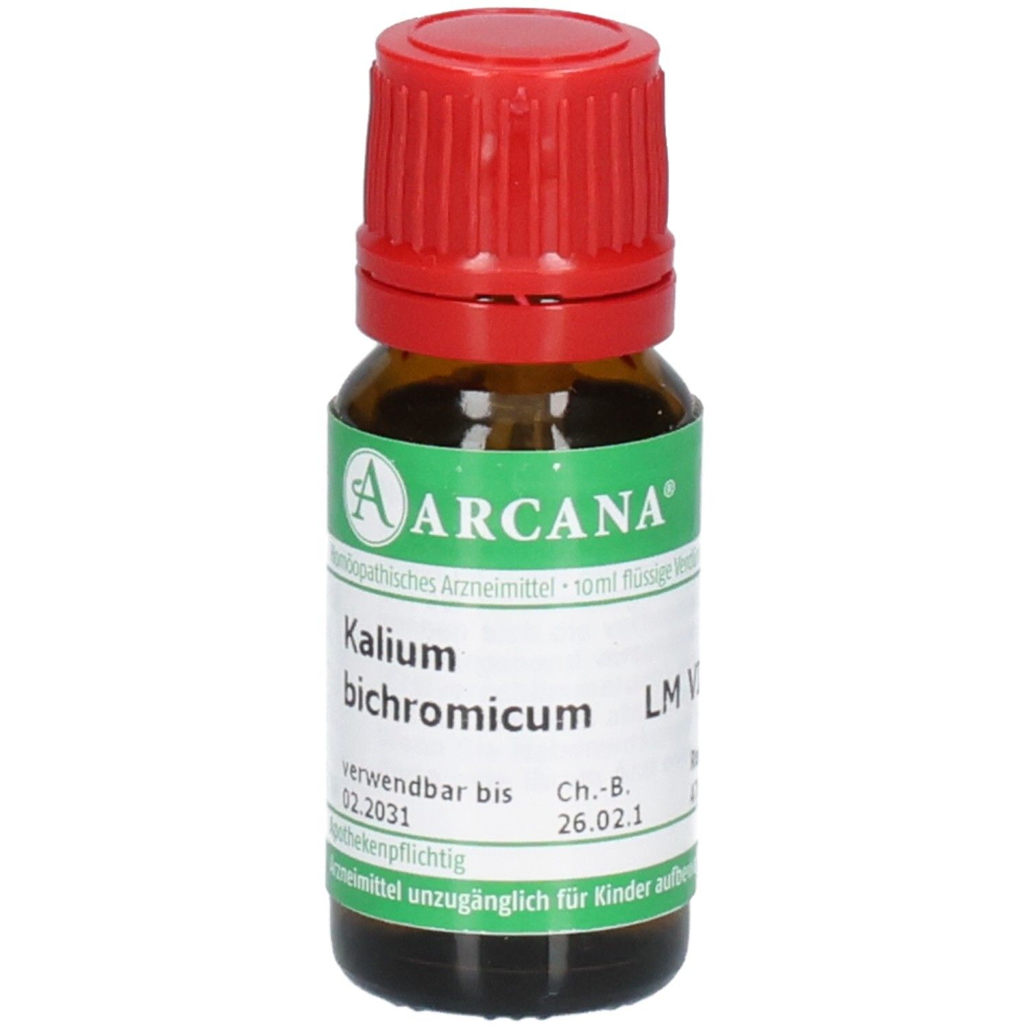 ARCANA Kalium bichromicum LM VI Tropfenflasche, 10ml, mit rotem Schraubverschluss.