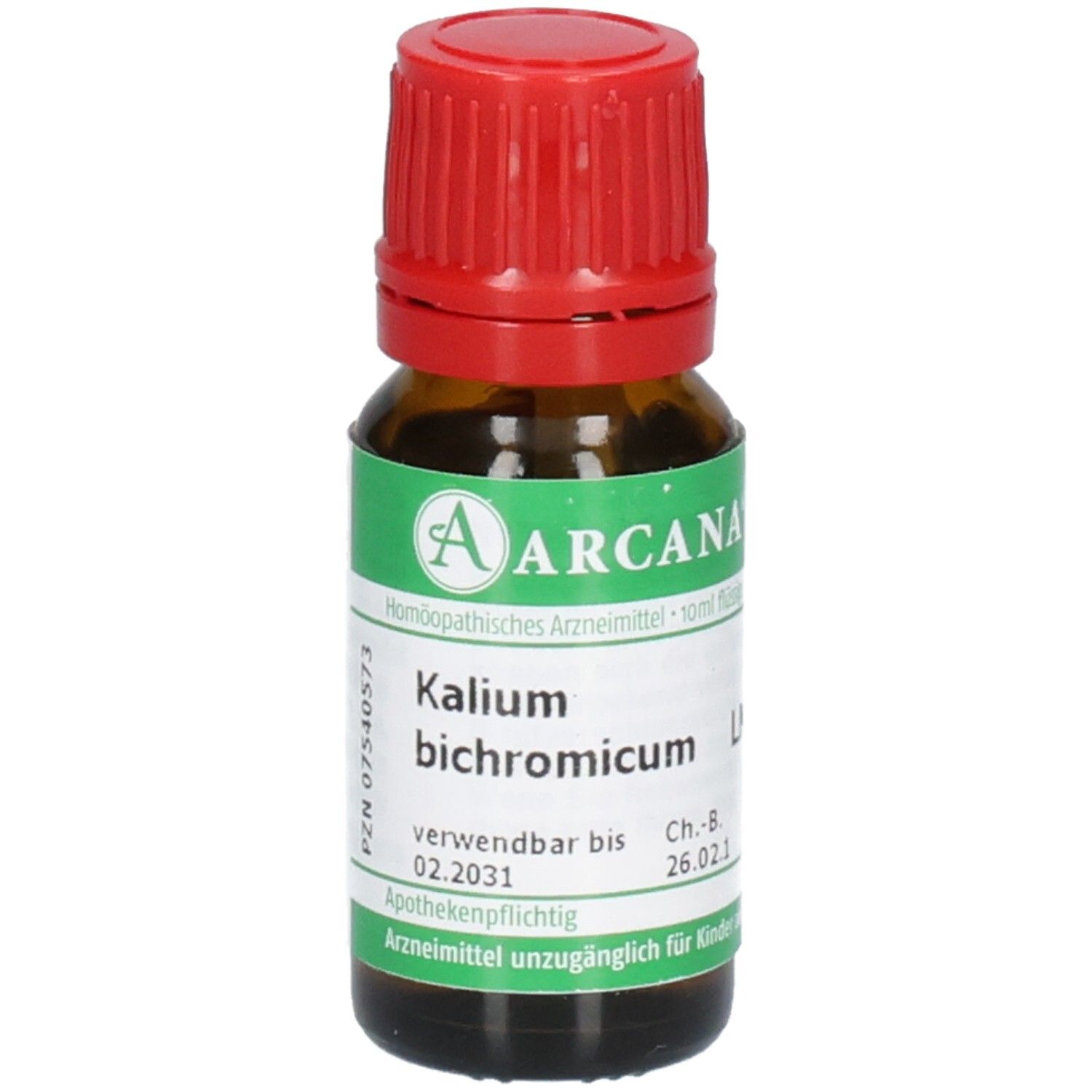 ARCANA Kalium bichromicum LM VI Tropfenflasche mit rotem Verschluss und Etikett.