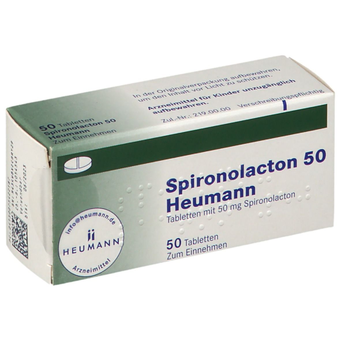 Schachtel mit Spironolacton 50 Heumann Tabletten. 50 Tabletten. Heumann Logo. Grün-weiße Verpackung.