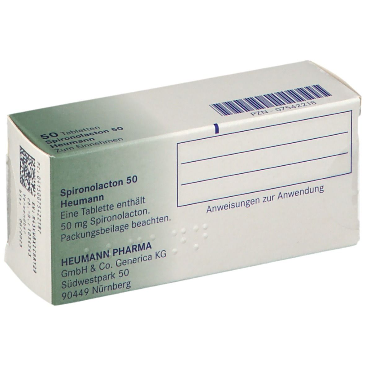 Schachtel mit Spironolacton 50 Heumann Tabletten. Rückseite mit Text und Barcode. Heumann Pharma.