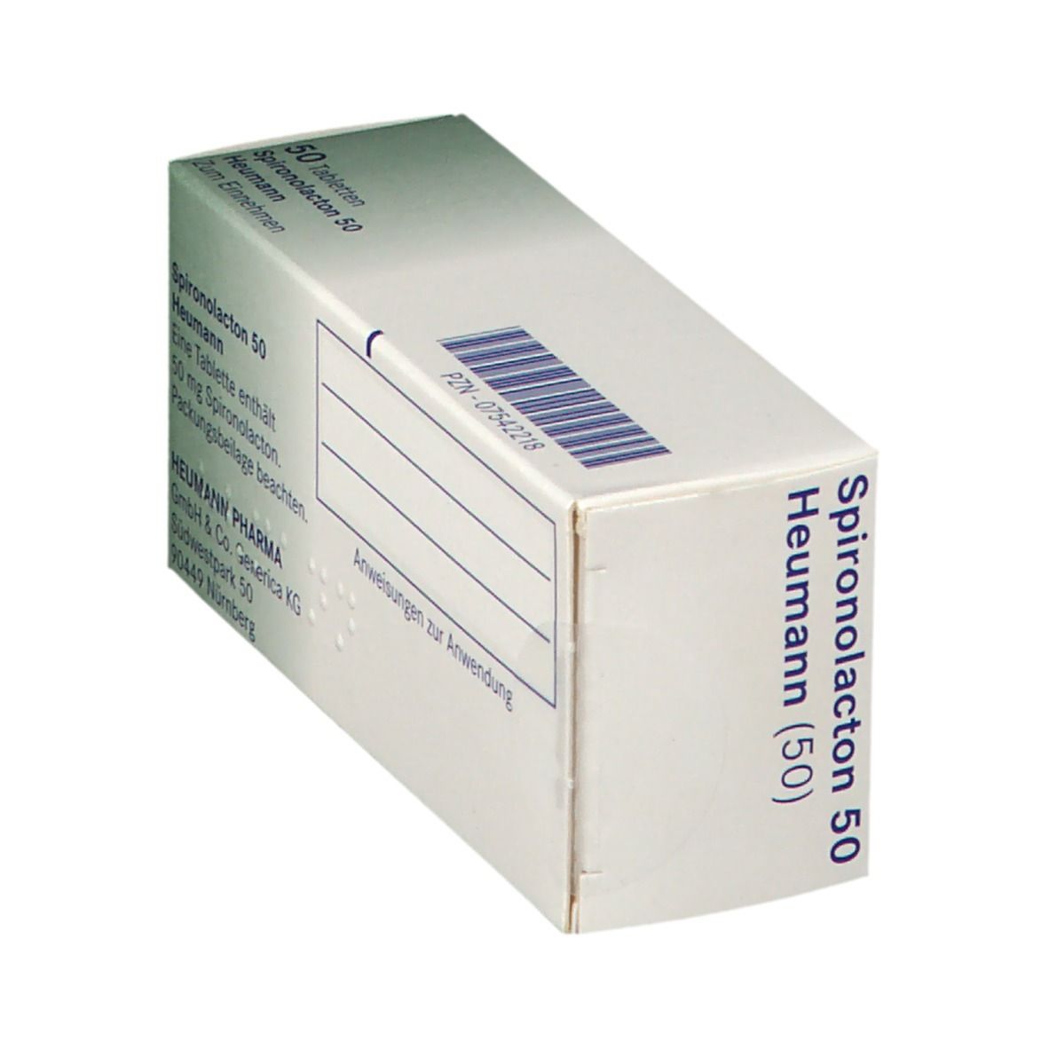 Schachtel mit Spironolacton 50 Heumann Tabletten. Schräge Ansicht. Text und Logo Heumann.