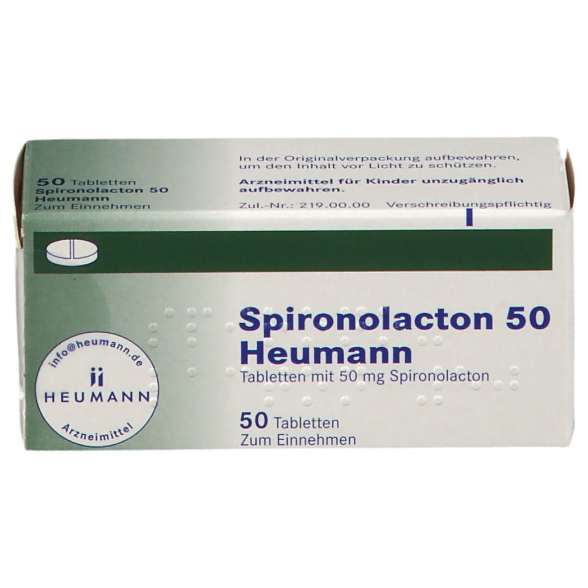 Schachtel mit Spironolacton 50 Heumann Tabletten. Vorderseite mit Text und Logo. 50 Tabletten.