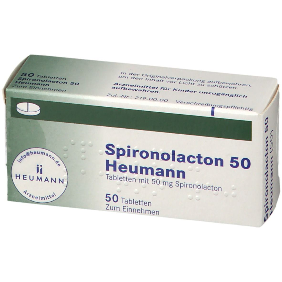 Schachtel mit Spironolacton 50 Heumann Tabletten. Vorderseite mit Text und Logo. 50 Tabletten.