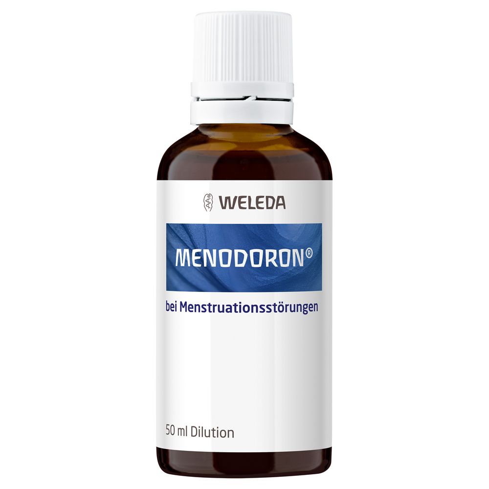 Braune Glasflasche mit weißem Verschluss. Aufschrift "Menodoron® bei Menstruationsstörungen". "50 ml Dilution" darunter.