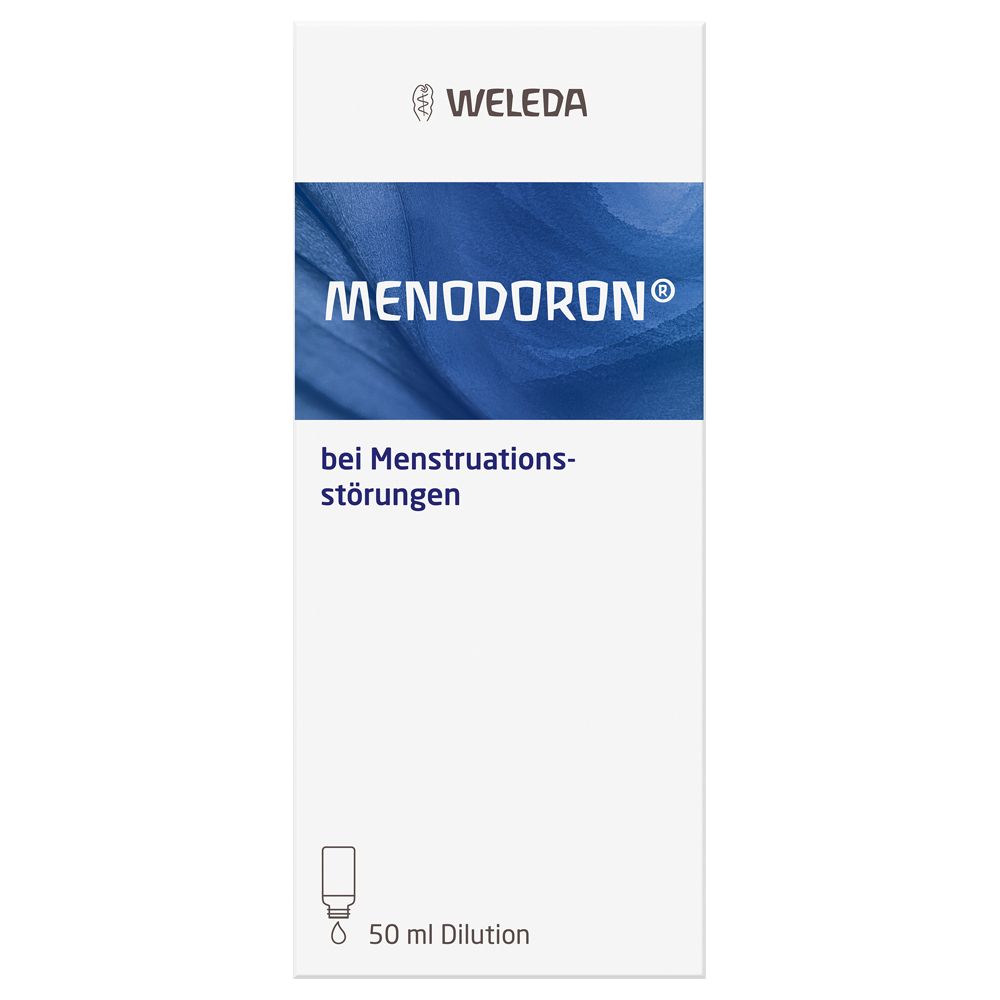 Schachtel mit "Weleda Menodoron® Dilution". Text "bei Menstruationsstörungen" und "50 ml Dilution". Tropf-Symbol.
