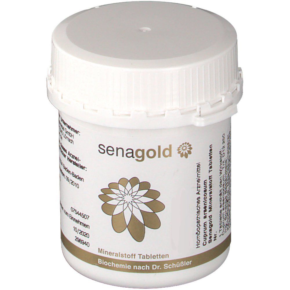 Weiße Tablettendose mit Schraubverschluss. Aufschrift: senagold, Mineralstoff Tabletten, Biochemie nach Dr. Schüßler.