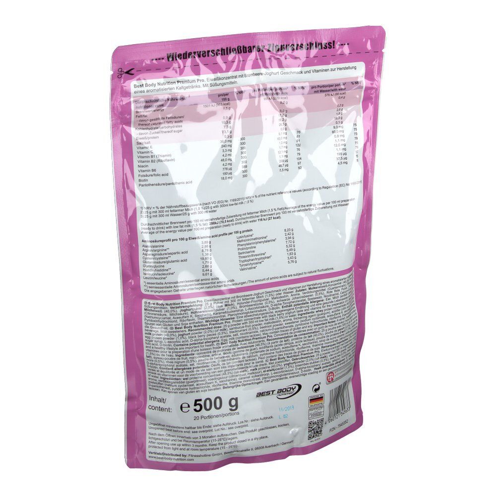 Dos du sachet de poudre de protéine. Texte avec informations nutritionnelles et ingrédients. Logo et poids : 500 g.