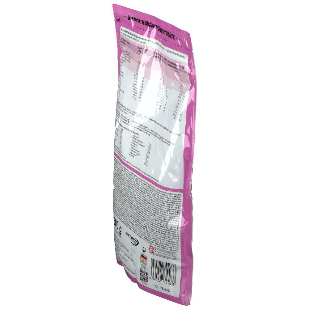 Sachet de poudre de protéine, dos, en biais. Texte avec informations nutritionnelles et ingrédients. Poids : 500 g.