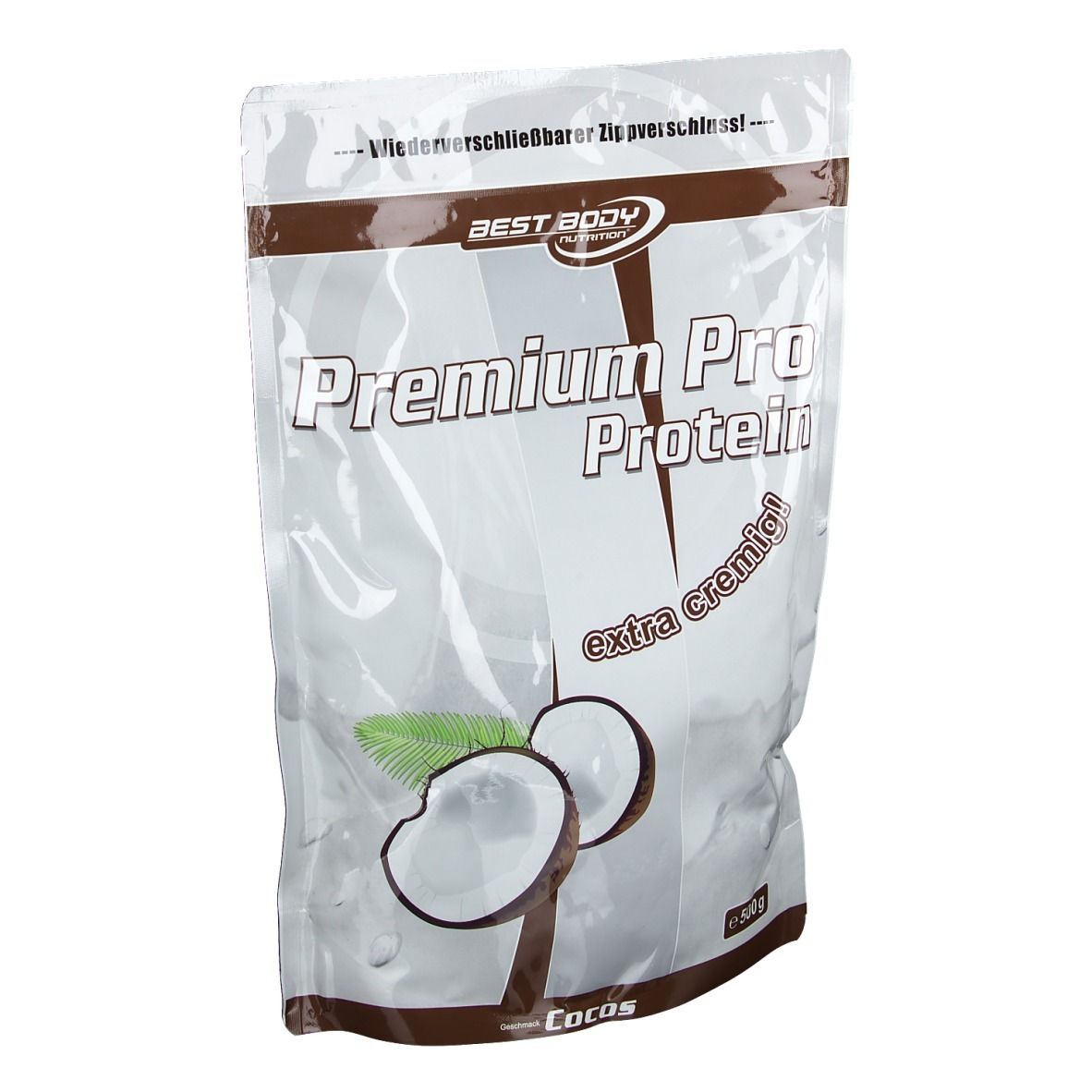 Beutel mit Best Body Nutrition Premium Pro Protein, Kokosnuss. Aufdrucke: Premium Pro Protein, extra cremig, Kokos. Abbildung von Kokosnuss.