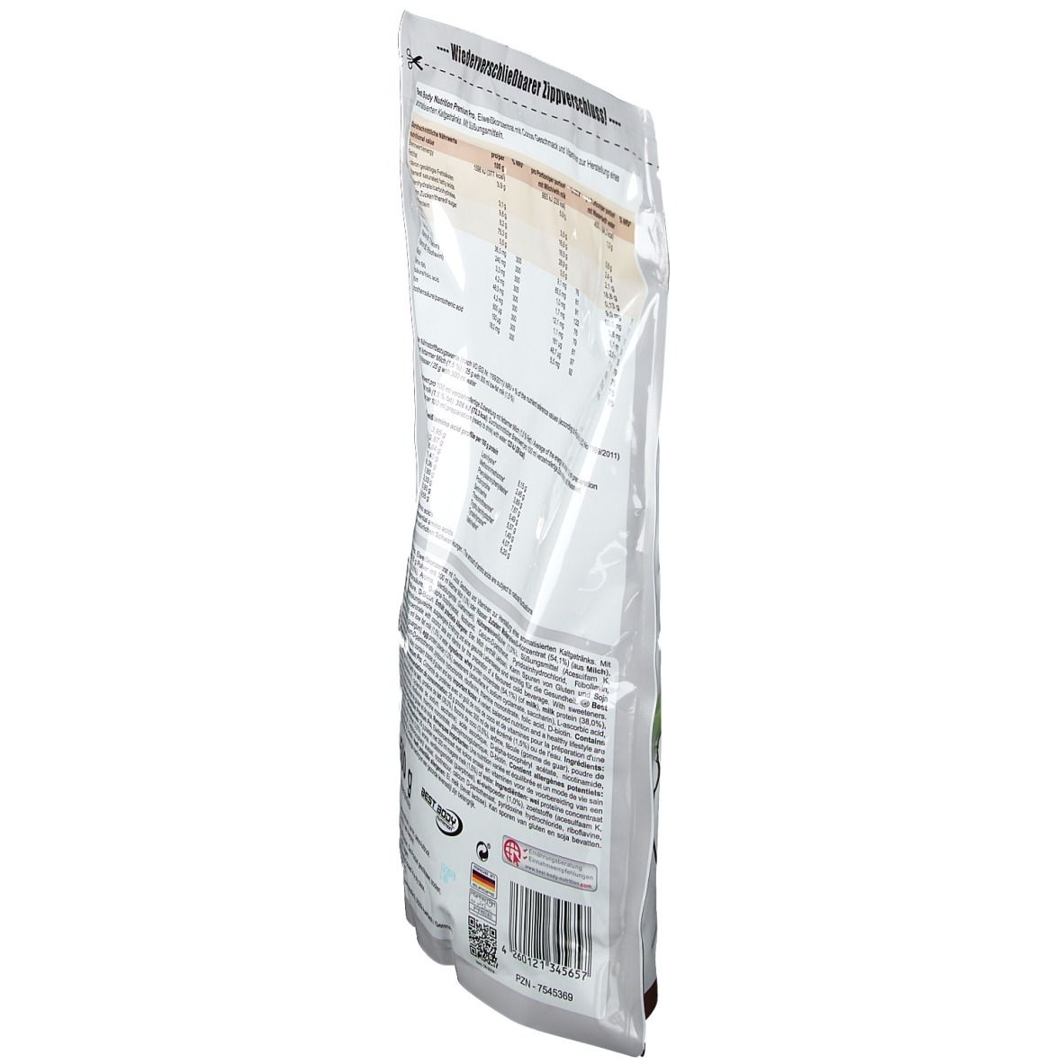 Schräg stehende Rückseite des Beutels mit Best Body Nutrition Premium Pro Protein. Text mit Nährwertangaben und Inhaltsstoffen. Siegel.