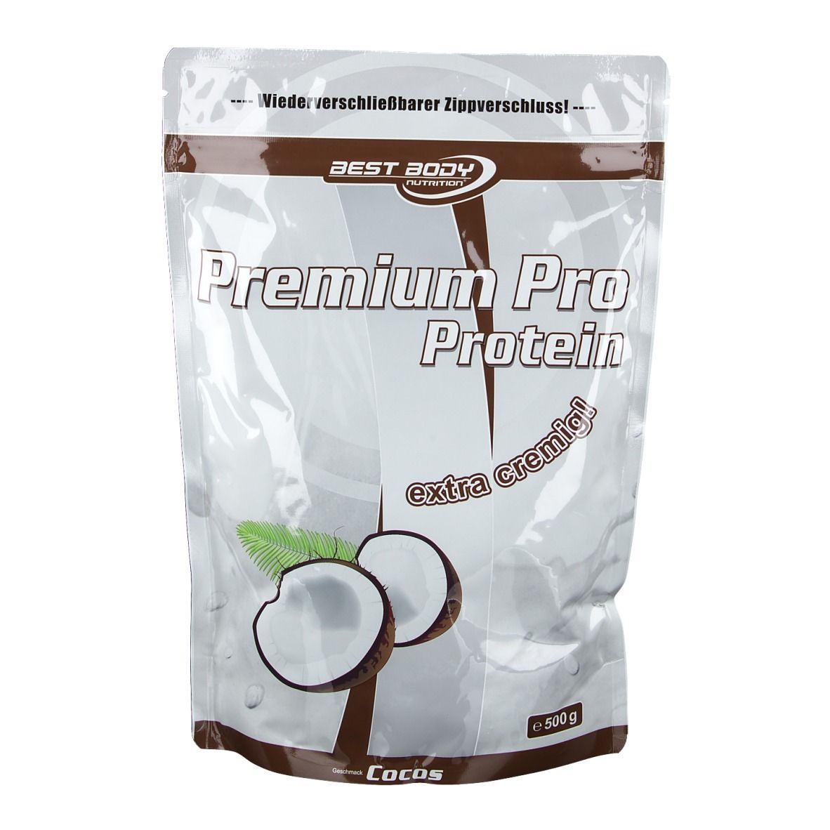 Beutel mit Best Body Nutrition Premium Pro Protein, Kokosnuss. Aufdrucke: Premium Pro Protein, extra cremig, Kokos. 500g.