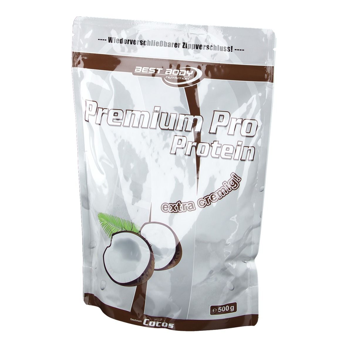 Beutel mit Best Body Nutrition Premium Pro Protein, Kokosnuss. Aufdrucke: Premium Pro Protein, extra cremig, Kokos. 500g.
