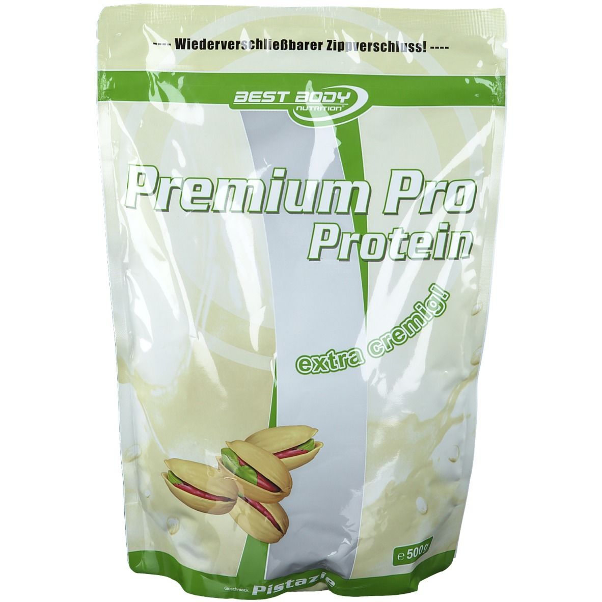 Sachet de "Best Body Nutrition Premium Pro Protein". Goût pistache. Design vert et blanc. Refermable. Illustration de pistaches.