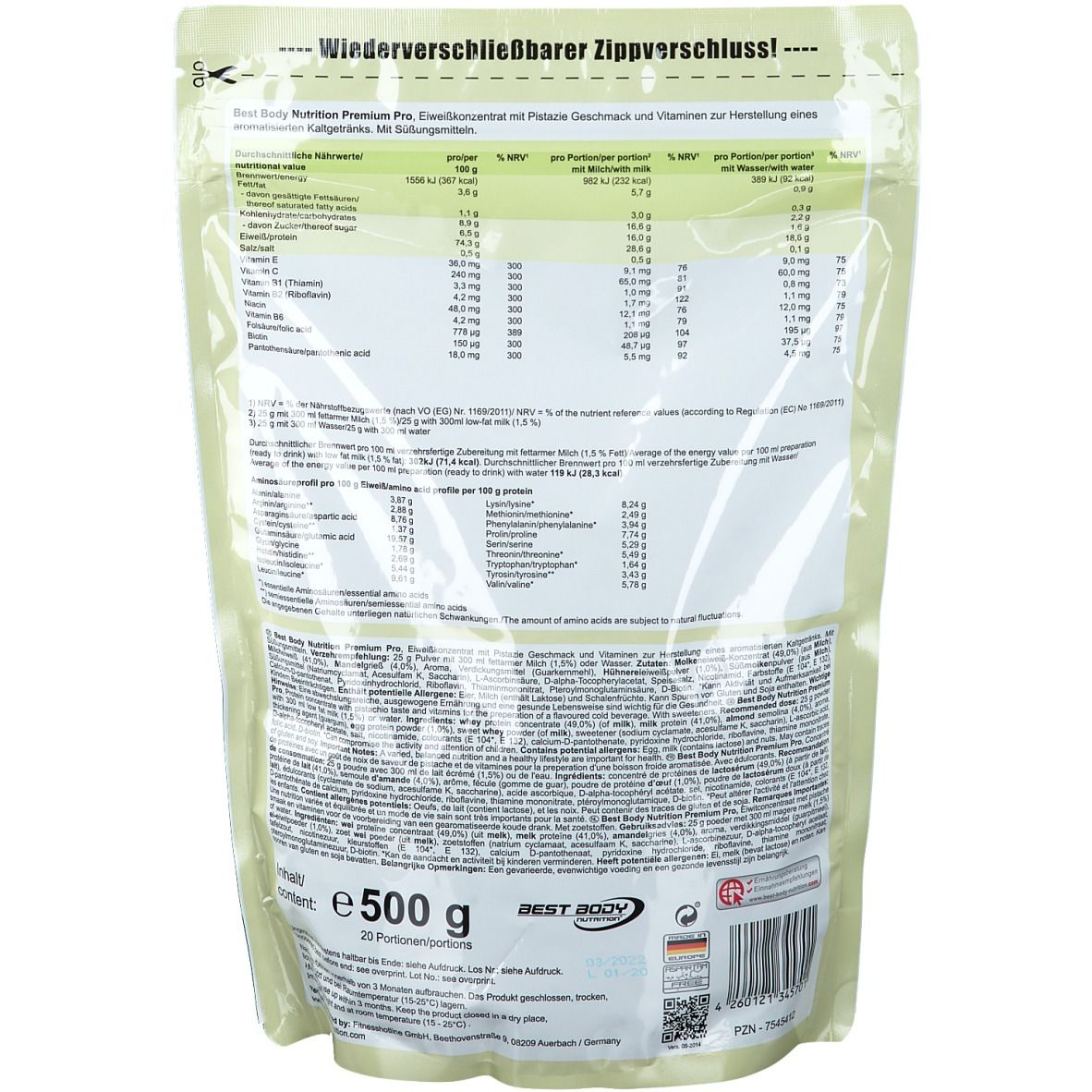 Dos du paquet de protéines. Contient des informations nutritionnelles et une liste d'ingrédients. Logo "Best Body Nutrition". Contenu de 500g.