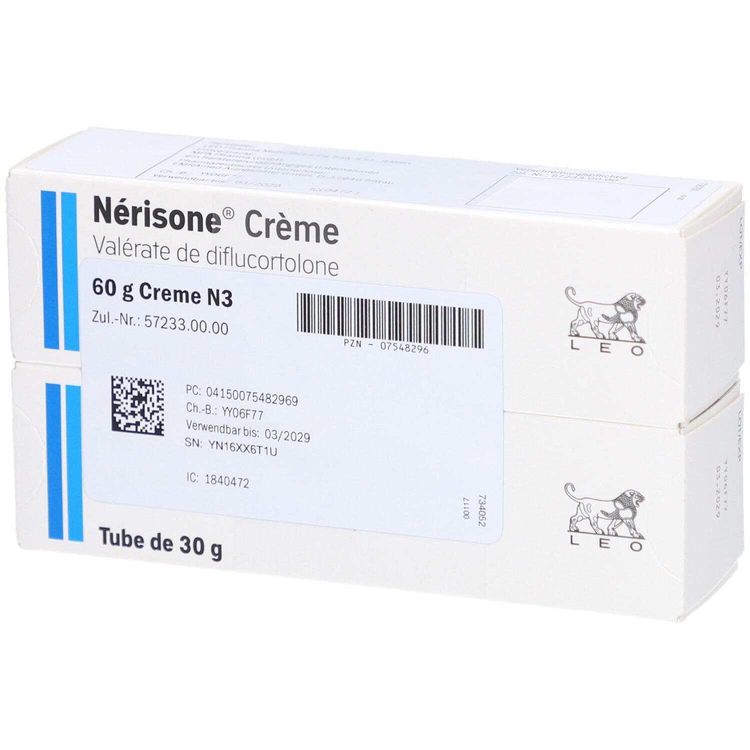 Zwei Kartons Nérisone Crème, 60 g, N3. Aufdrucke: Valérate de diflucortolone, Tube de 30 g, LEO-Logo. Barcode und weitere Angaben.