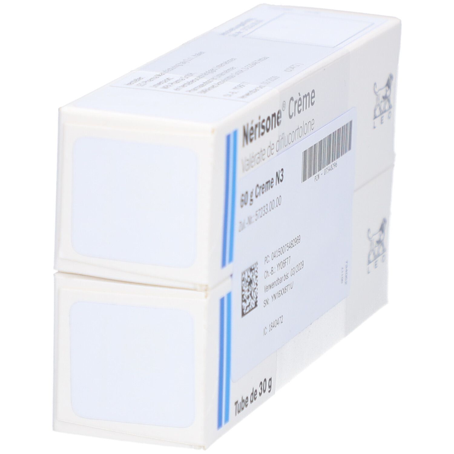 Zwei übereinanderliegende Kartons Nérisone Crème. Aufdrucke: Nérisone Crème, Valérate de diflucortolone, 60 g Crème N3, Tube de 30 g, LEO-Logo.