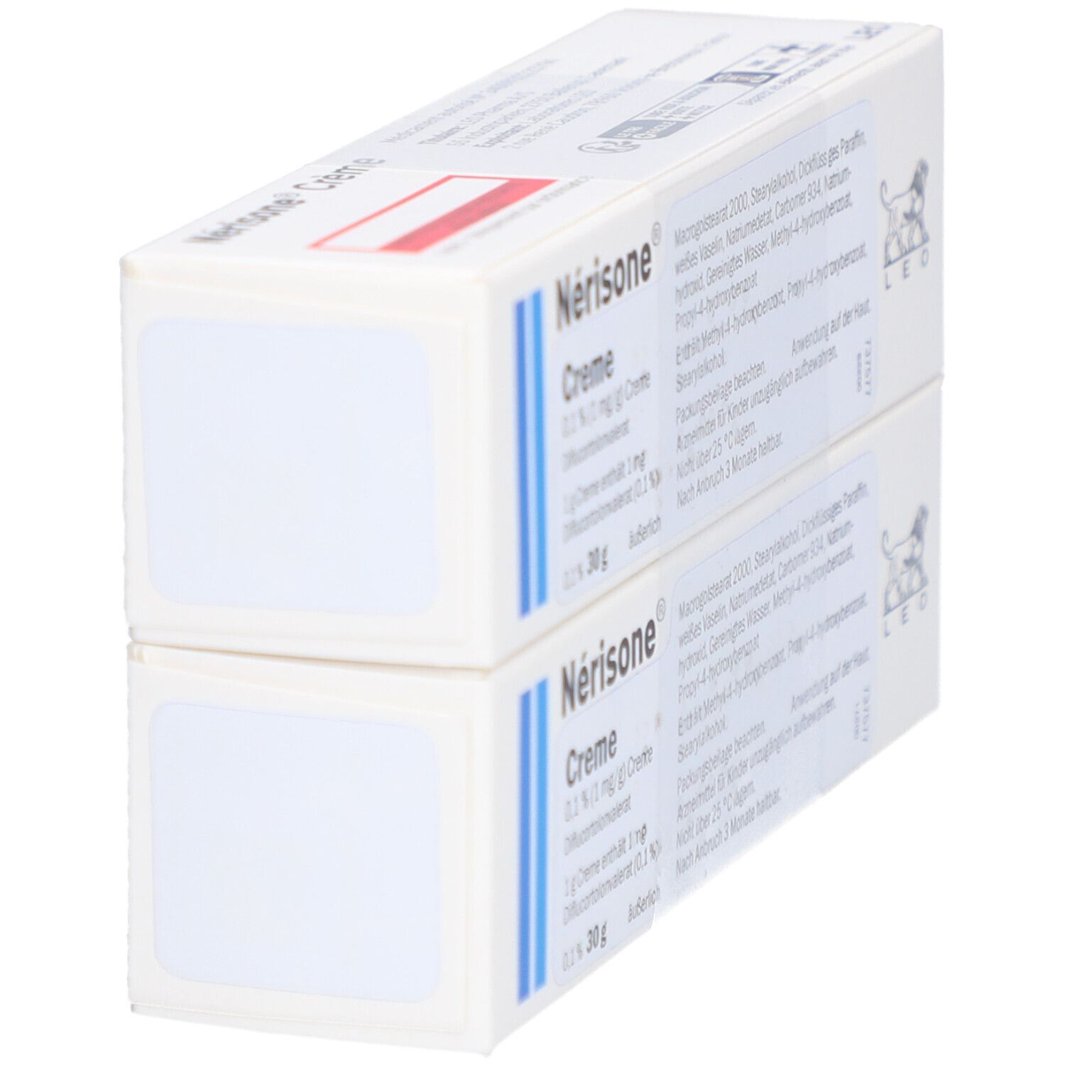 Zwei Kartons Nérisone Crème. Aufdrucke: Nérisone Crème, 0,1% (1 mg/g) Crème, 30 g, LEO-Logo. Rückseite mit Informationen.