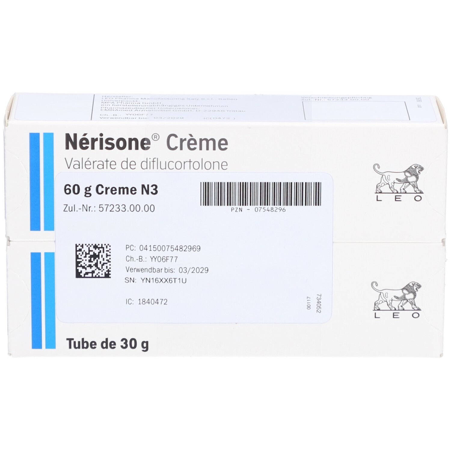 Zwei Kartons Nérisone Crème, 60 g, N3. Aufdrucke: Nérisone Crème, Valérate de diflucortolone, Tube de 30 g, LEO-Logo. Barcode und weitere Angaben.