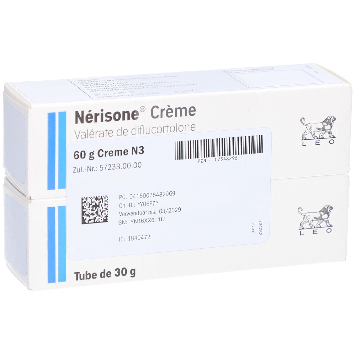 Zwei Kartons Nérisone Crème, 60 g, N3. Aufdrucke: Nérisone Crème, Valérate de diflucortolone, Tube de 30 g, LEO-Logo. Barcode und weitere Angaben.