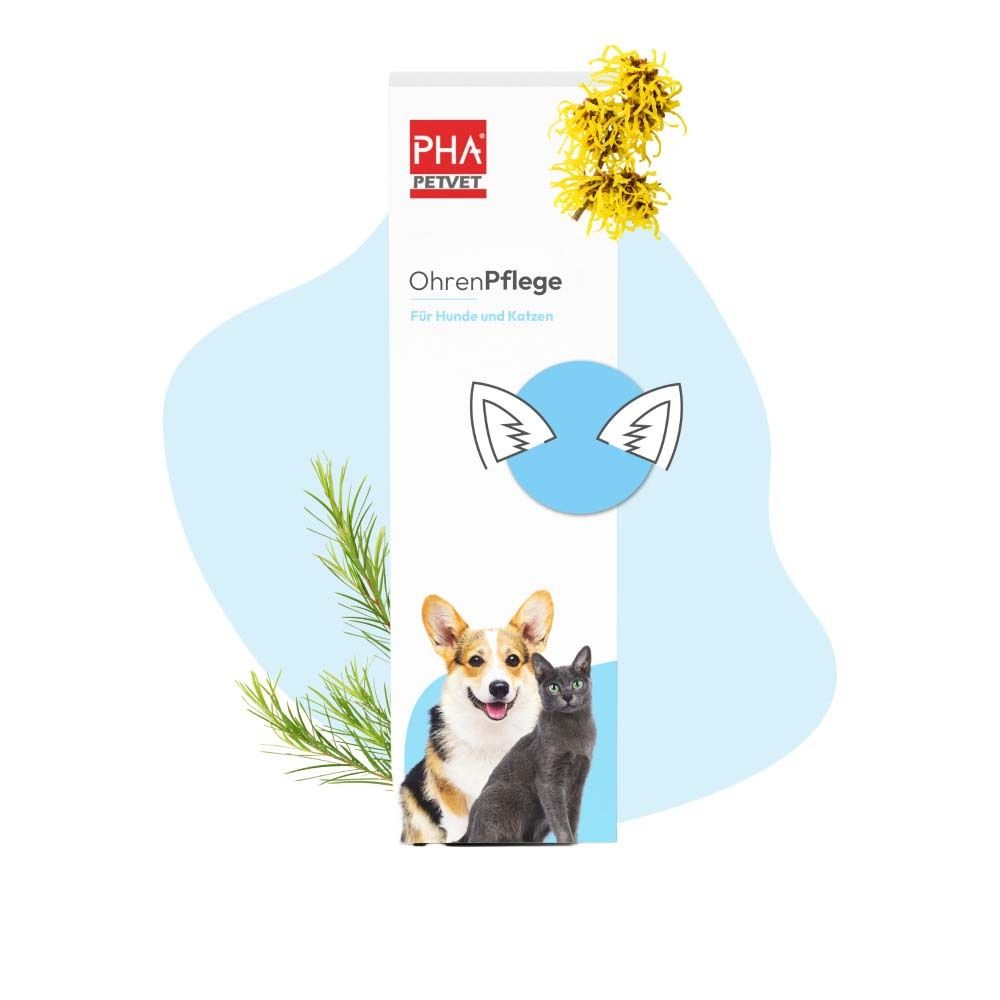 Weiße Verpackung mit Produktnamen und Logo. Abbildung eines Hundes und einer Katze. Text: OhrenPflege.