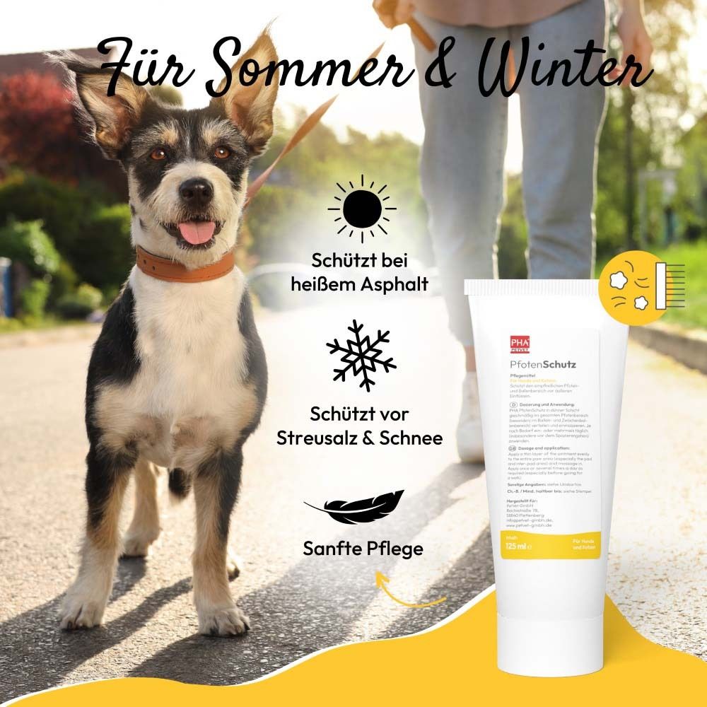 Person mit Hund auf Asphalt. Text: Für Sommer & Winter. Produkt und Icons. Text: PfotenSchutz, 125 ml.