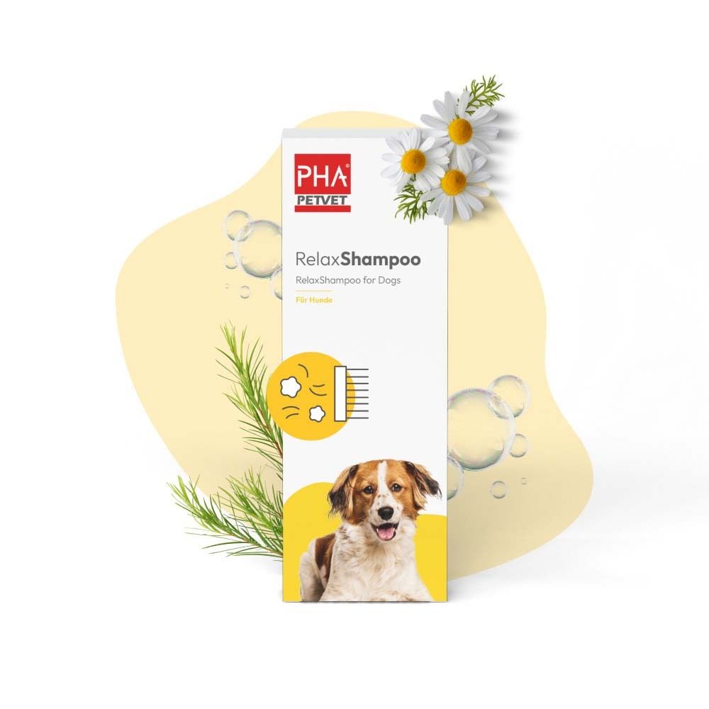 Verpackung von PHA RelaxShampoo. Produktbild, Logo und Kamillenblüten.