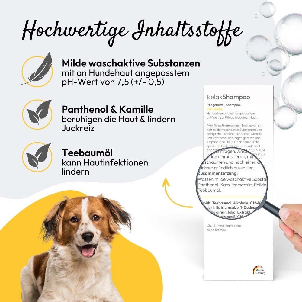 Produktbild von PHA RelaxShampoo. Text über Inhaltsstoffe und Lupe.