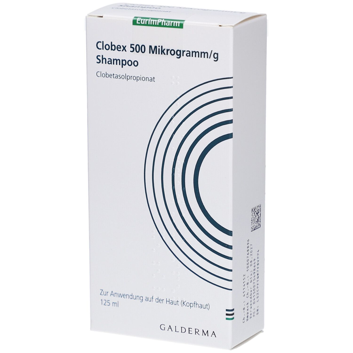 Weiße Schachtel mit Produktnamen und konzentrischen Kreisen. Text: Clobex 500 Mikrogramm/g Shampoo, Galderma.