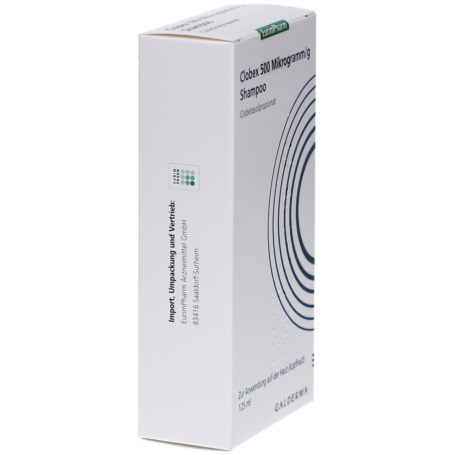 Weiße Schachtel, Seitenansicht. Text: Clobex 500 Mikrogramm/g Shampoo, Galderma. Importeur: EurimPharm Arzneimittel GmbH.