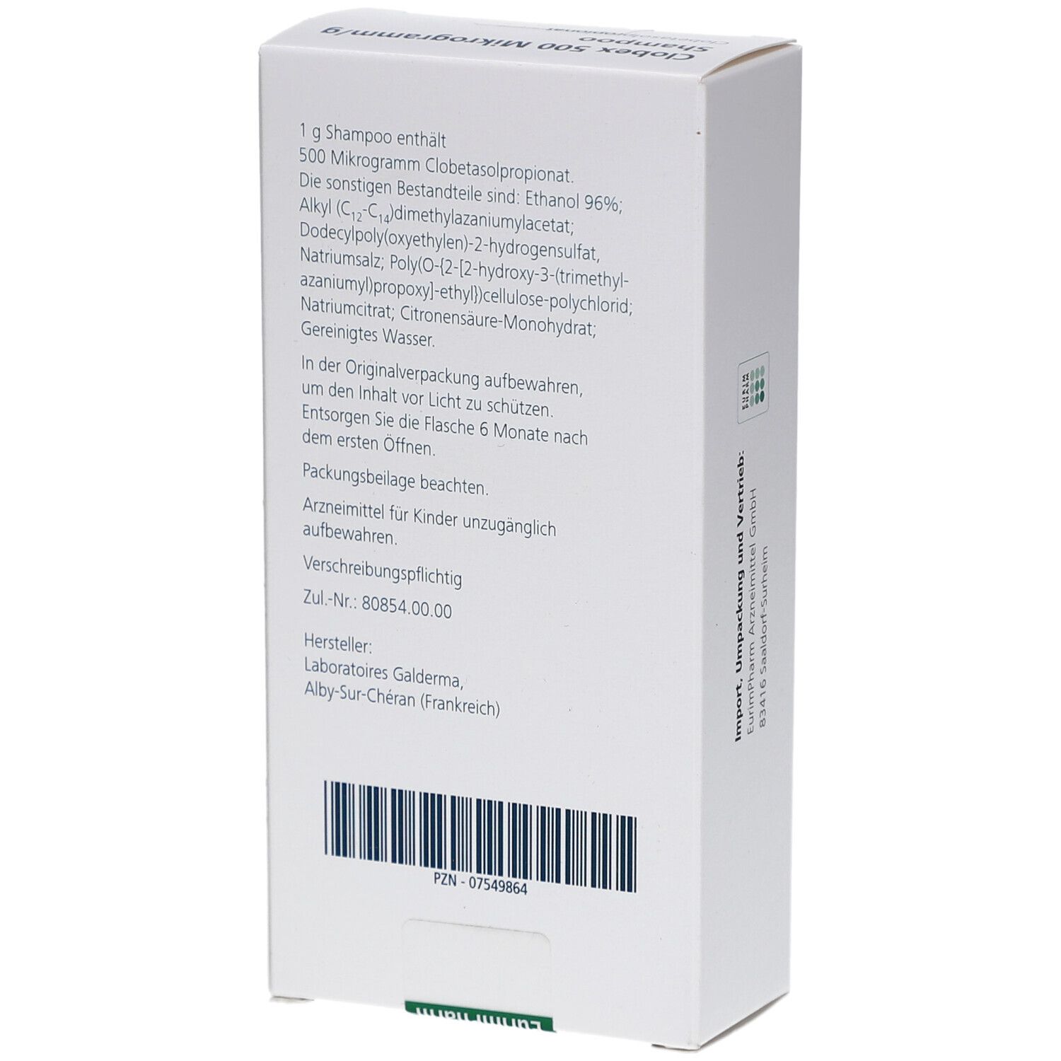 Rückseite der weißen Schachtel. Text: Inhaltsstoffe, Hersteller Laboratoires Galderma, Chargennummer, PZN-Nummer.