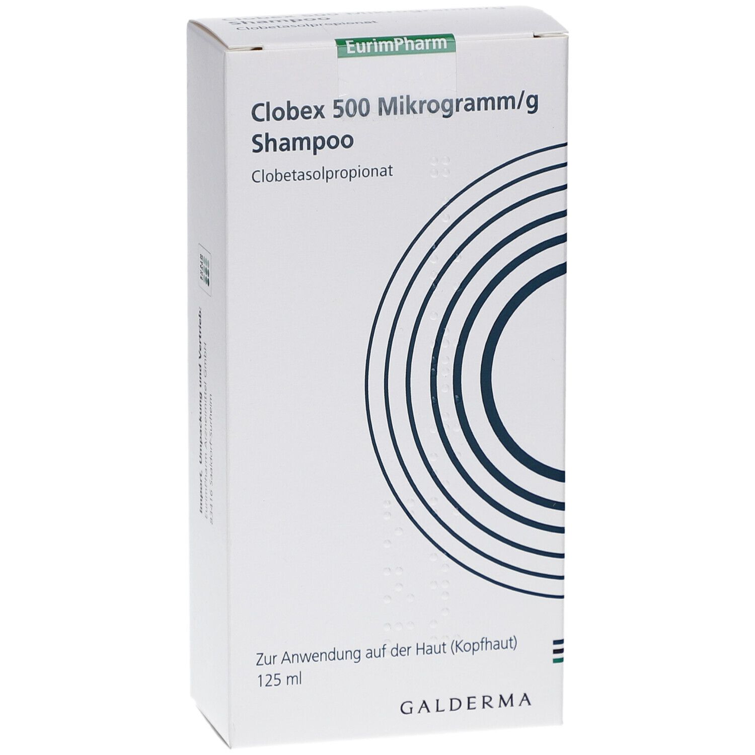 Weiße Schachtel mit Produktnamen und konzentrischen Kreisen. Text: Clobex 500 Mikrogramm/g Shampoo, Galderma.