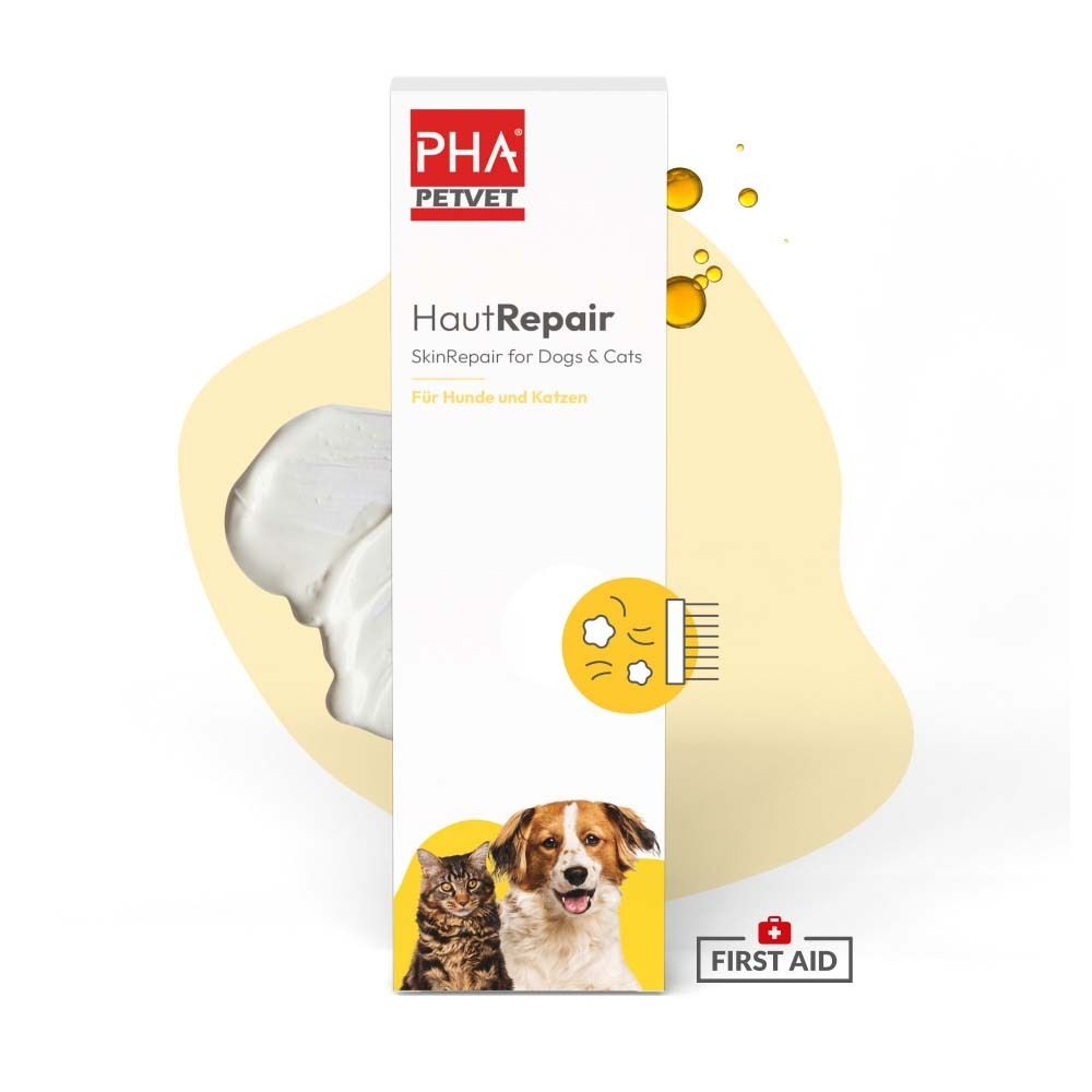 Produktverpackung mit Produkt und Creme. Logo PHA PETVET. Abbildung von Hund und Katze. Text: HautRepair.