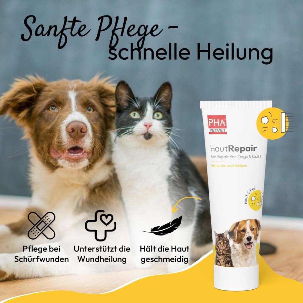 Produkt und Tube mit Hund und Katze. Text: Sanfte Pflege - schnelle Heilung. Abbildungen von Pflaster, Herz und Feder.