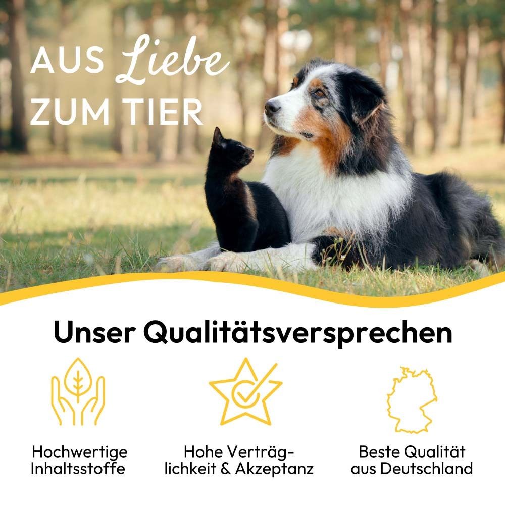 Text: Aus Liebe zum Tier. Unser Qualitätsversprechen. Abbildungen von Blatt, Stern und Deutschland-Flagge. Hund und Katze.