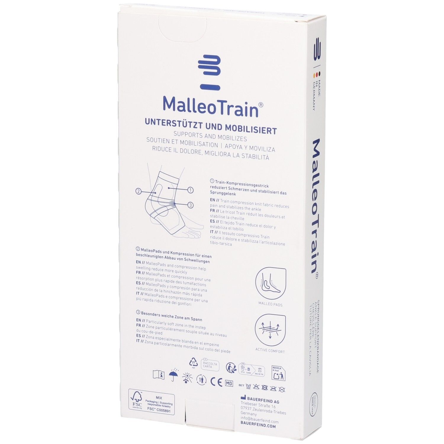 Rückseite der MalleoTrain Verpackung. Produktinformationen, Piktogramme und Größenangaben.