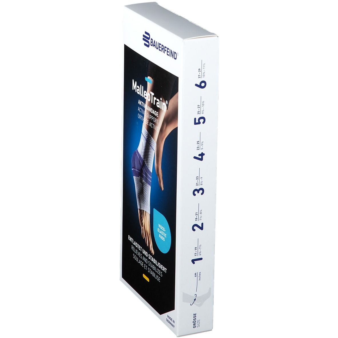 Verpackung der MalleoTrain Aktivbandage, Seitenansicht. Größenangaben von 1 bis 6. Text: Aktivbandage, entlastet und stabilisiert.