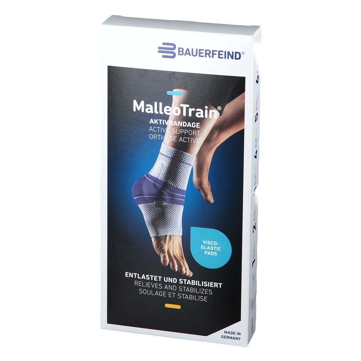 Verpackung der MalleoTrain Aktivbandage. Auf der Vorderseite ist ein Fuß mit Bandage abgebildet. Text: Aktivbandage, entlastet und stabilisiert.