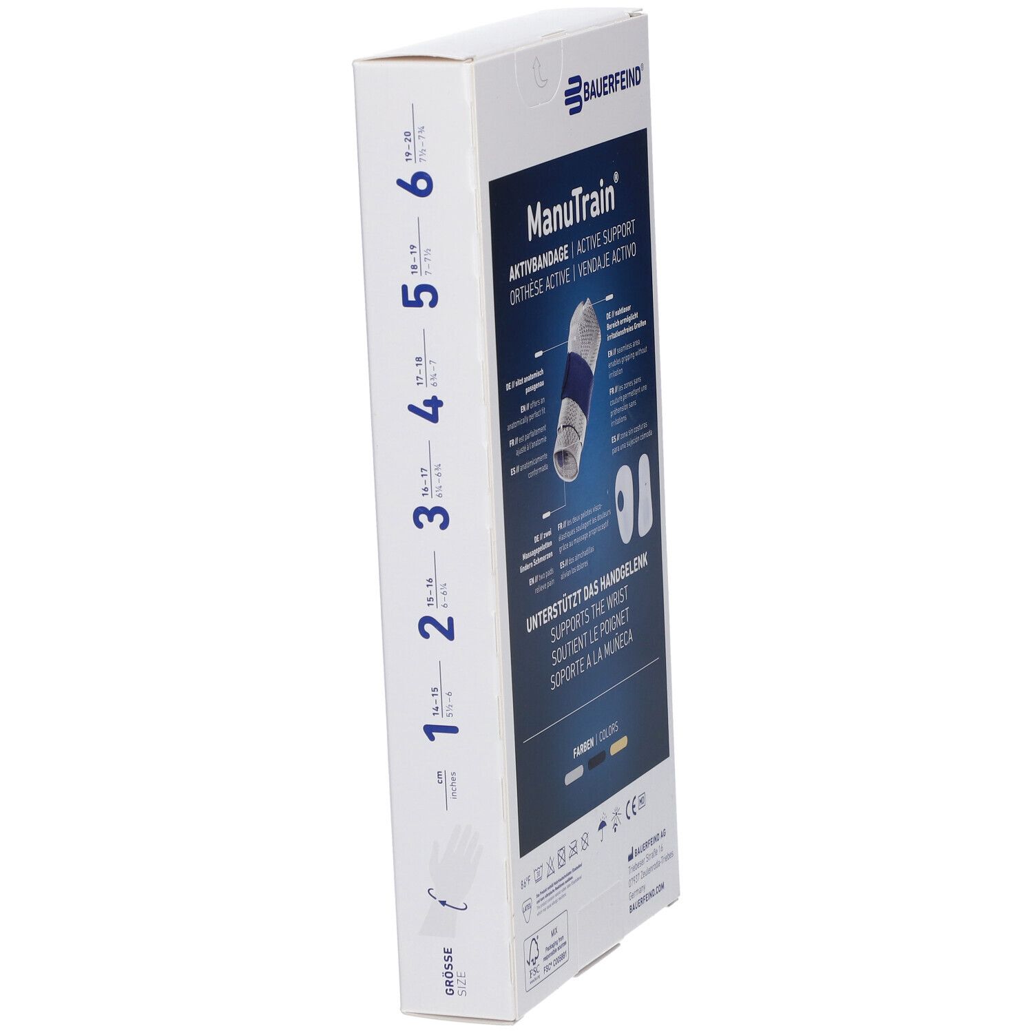 Seitenansicht der ManuTrain-Verpackung. Größenangaben und Produktabbildung. Text: Unterstützt das Handgelenk. Bauerfeind Logo.
