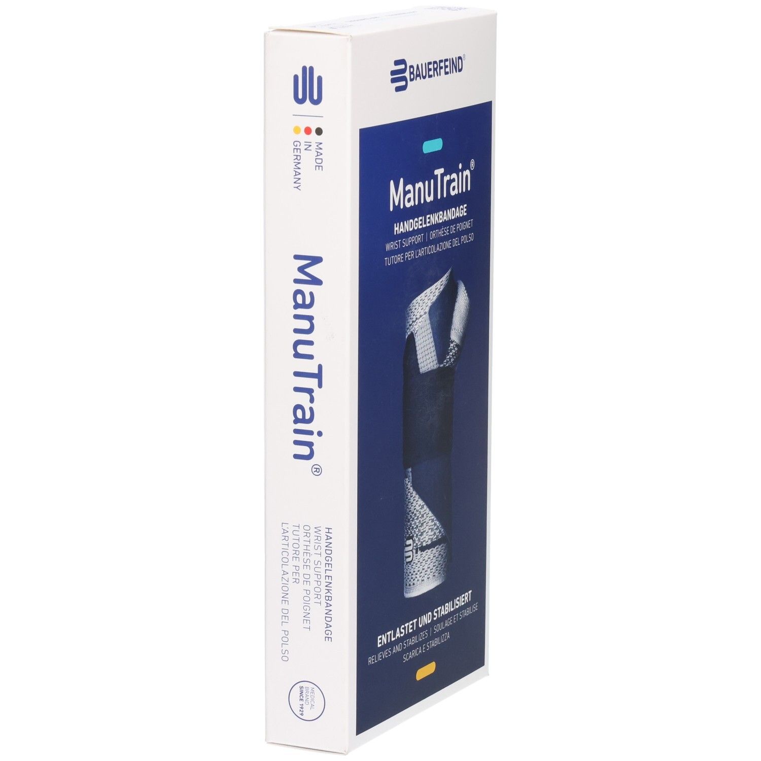 Verpackung der ManuTrain Handgelenkbandage, blau und weiß, mit Produktabbildung und Herstellerlogo.