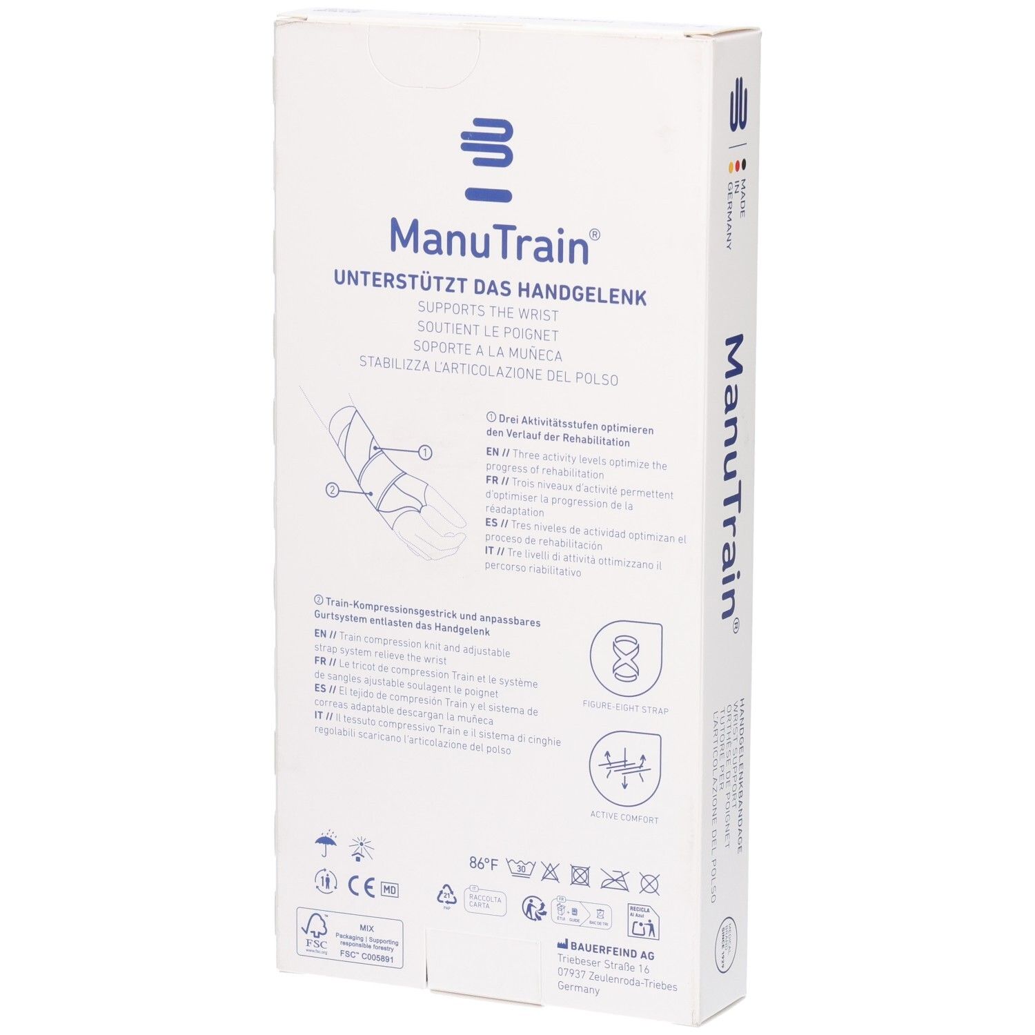 Rückseite der ManuTrain Verpackung mit Anwendungshinweisen und technischen Symbolen.
