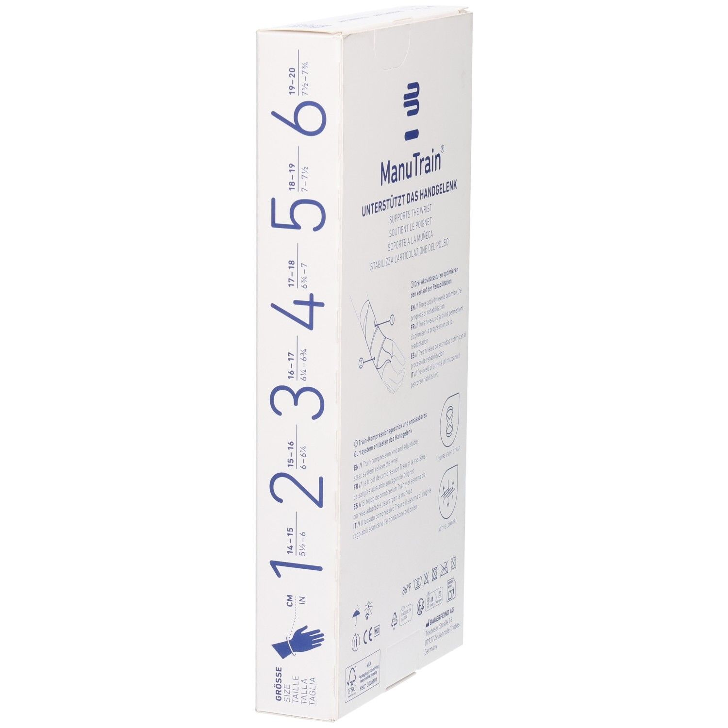 Seite der ManuTrain Verpackung mit Größentabelle (1-6) und Hinweisen zur Handgelenkbandage.