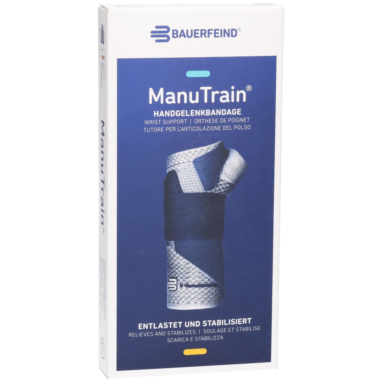 Vorderseite der ManuTrain Verpackung, Fokus auf die Handgelenkbandage und deren Funktion.