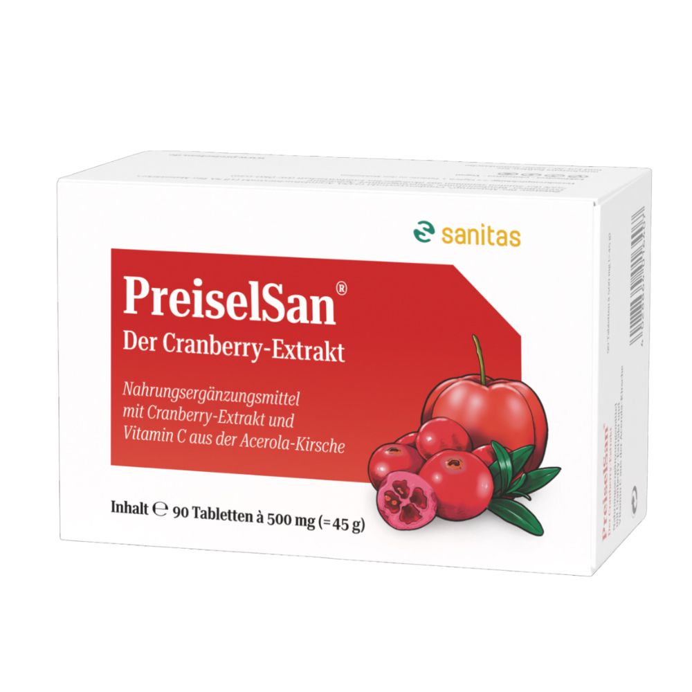 PREISELSAN® Der Cranberry-Extrakt Nahrungsergänzungsmittel mit Cranberry-Extrakt und Vitamin C aus der Acerola-Kirsche. Inhalt e 90 Tabletten à 500 mg.