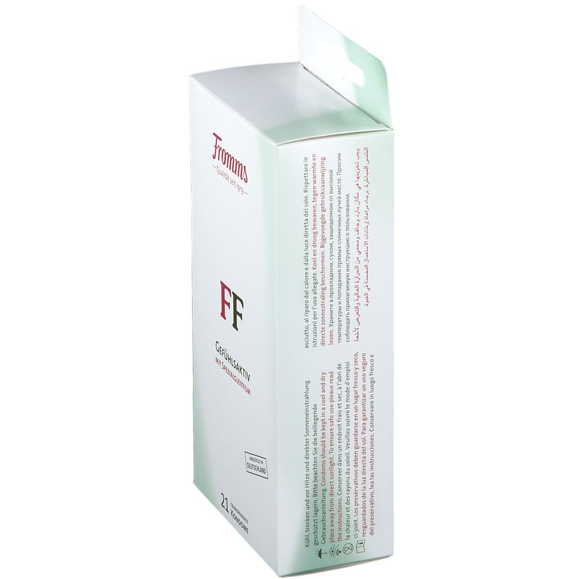 Weiße Verpackung, Seitenansicht. Text: Gefühlsaktiv, 21 Kondome. Siegel: Hergestellt in Deutschland. Text in mehreren Sprachen.