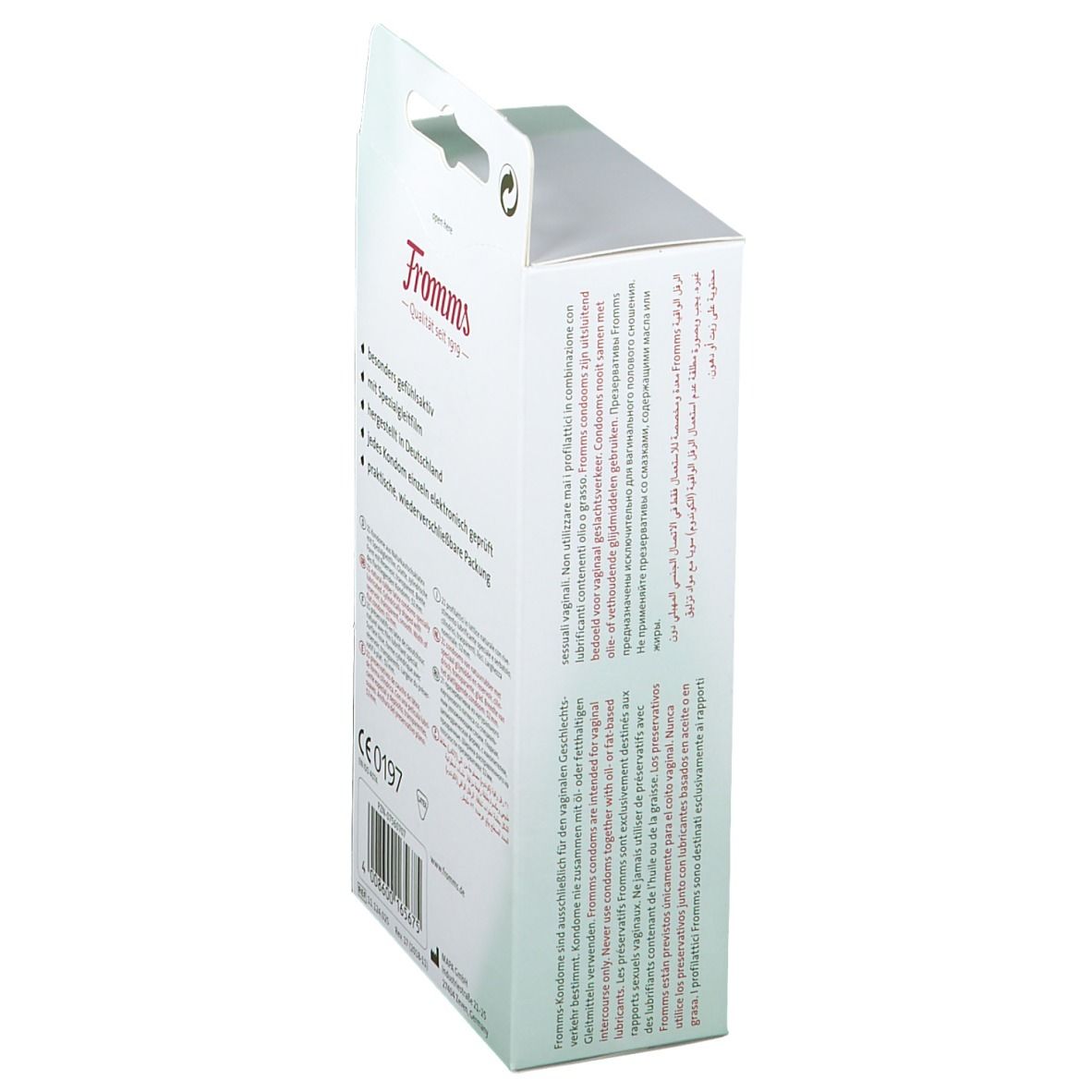 Seitenansicht der weißen Verpackung. Text: CE 0197, Chargennummer, Herstelleradresse. Mehrsprachiger Text.