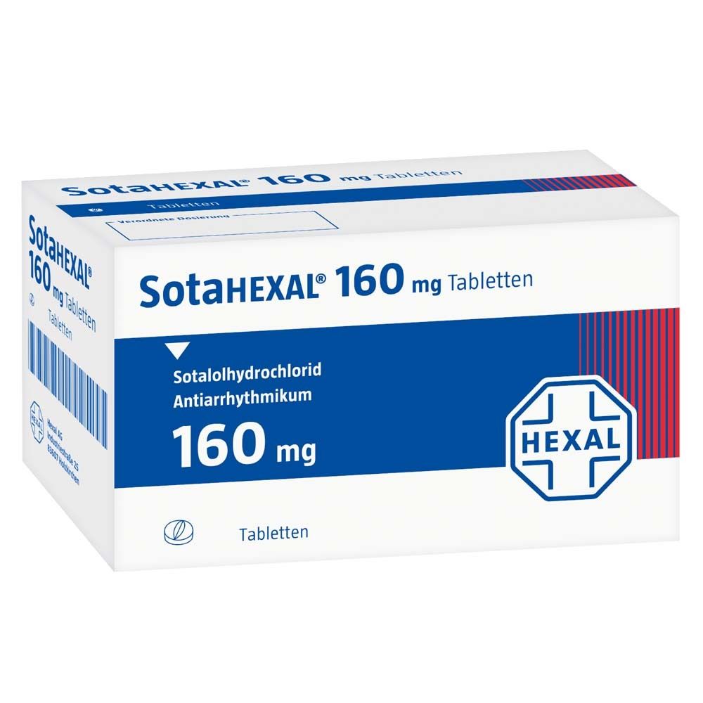 SotaHEXAL 160 mg Tabletten-Packung. Weiß-blaue Schachtel mit Produktnamen, Dosierung und HEXAL-Logo. Enthält Tabletten.