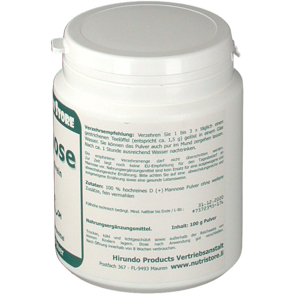 Weiße Dose mit grünem Etikett. Text: Verzehrempfehlung, Zutaten, Mindesthaltbarkeit. Inhalt: 100 g Pulver. Logo: The Nutri Store. Deckel mit Verschluss.