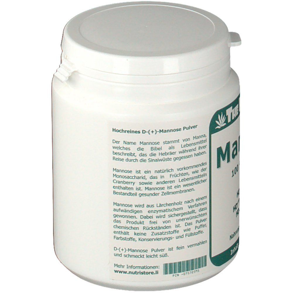 Weiße Dose mit grünem Etikett. Text: Hochreines D-(+)-Mannose Pulver. Logo: The Nutri Store. Inhalt: 100 g Pulver. Deckel mit Verschluss.